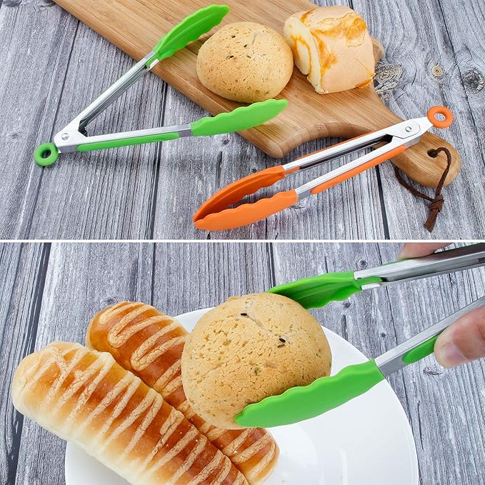 MSY BIGSUNNY Kitchen Food Tongs - 7" Mini Silicone Serving Tongs - Set of 3 (Green)