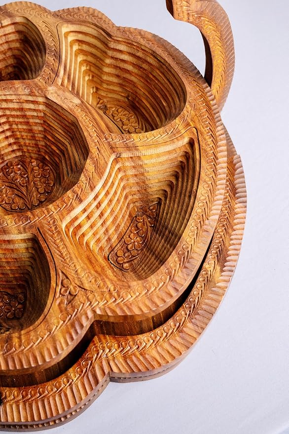 Handmade 18″ Collapsible Wooden Basket, 6-Compartment Paisley Design in Himalayan Rosewood – Fruit Basket, Bread Bowl & Trivet – Folds Flat for Easy Storage – Unique Centerpiece & Gift