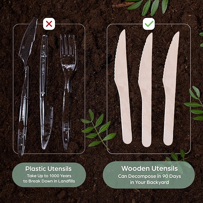 Wooden Disposable Knives - 300 Piece Wood Compostable Knives - Eco-Friendly Biodegradable Utensils for Party - Free From Plastic Cutlery Set - Disposable Cutlery for Eating - Compostable Utensils