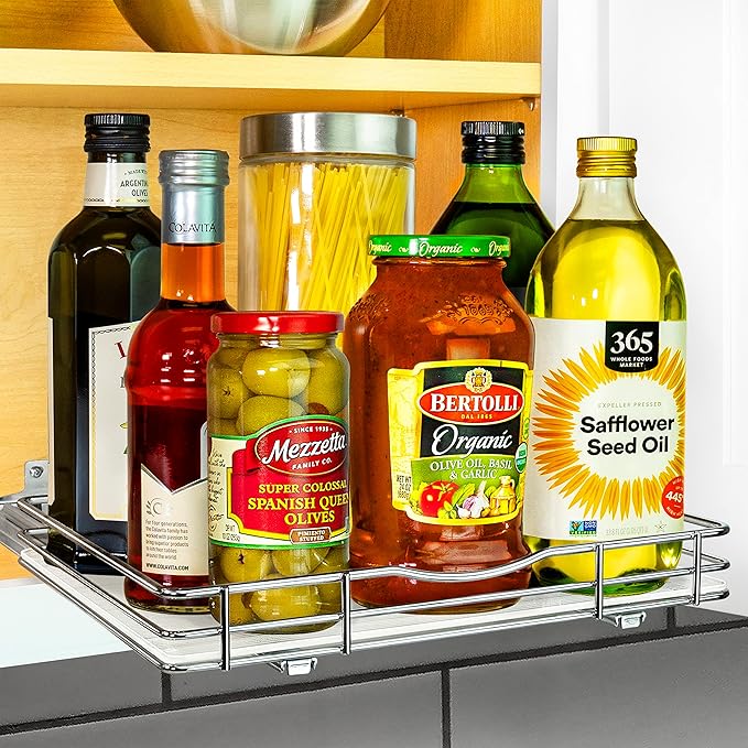 LYNK PROFESSIONAL® Pull Out Spice Rack Organizer for Inside Kitchen Cabinets - 12-3/8 inch Wide - Slide Out Drawer – Chrome Sliding Spice Cabinet Organization Shelf Racks - 1 Tier