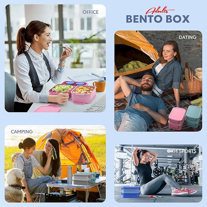 Jelife Adult Bento Lunch Box - 3 Layers Stackable Bento Lunch Box for Adults, 72oz Large All-in-One Bento Box Leak-Proof Lunch boxes with Utensil Sauce Containers, Ideal for Dining Out,Work, Blue