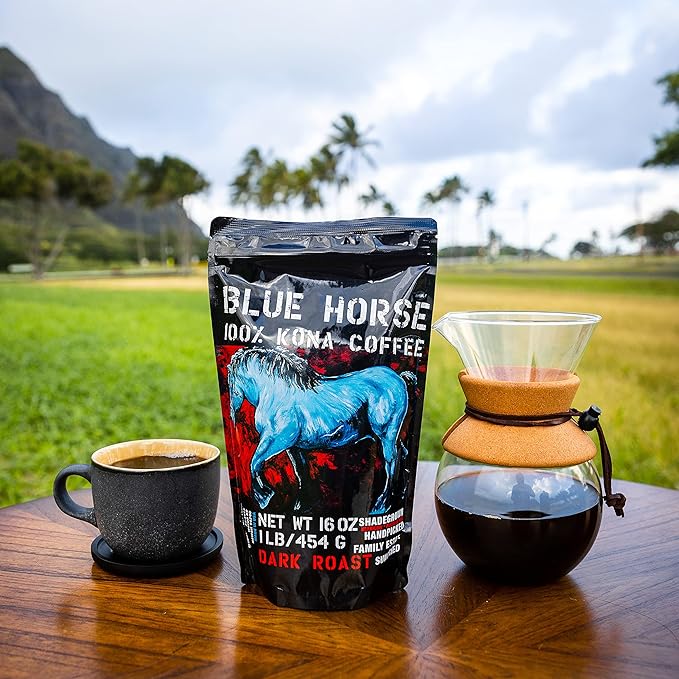 Blue Horse 100% Kona Coffee, Dark Roast, Arabica Whole Beans, 1 lb (16 oz) Bag, Farm Fresh, Authentic Hawaiian Coffee beans from Hawaii’s Big Island