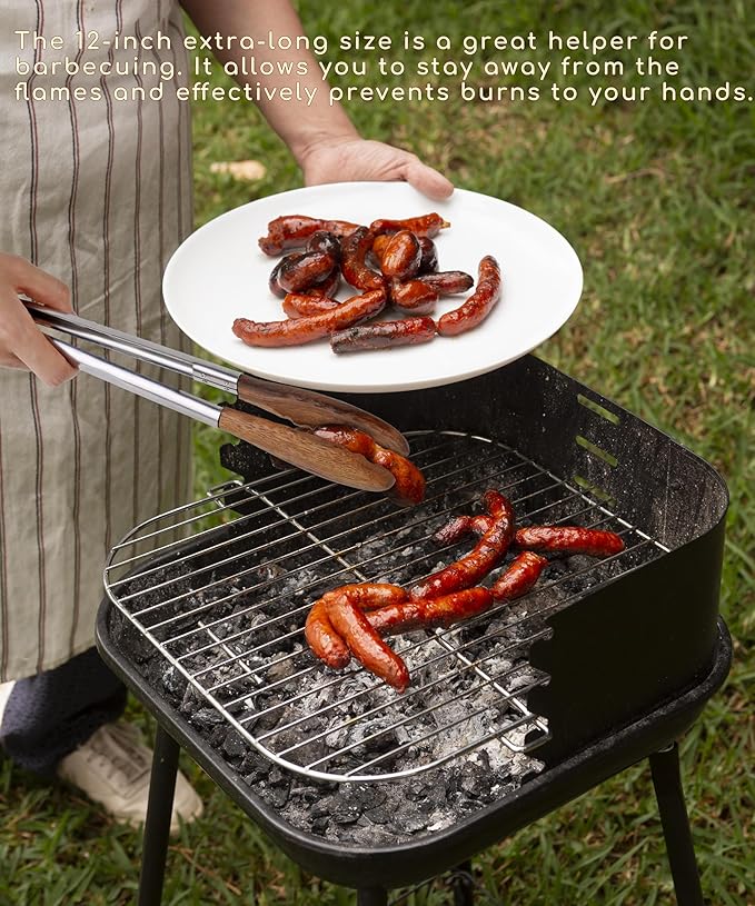 Kitchen Tongs Set - 9" & 12" Anti-Slip Long Wooden Cooking Tongs for BBQ, Grilling, Salad Tossing & Serving - Heat Resistant, Non-Stick Stainless Steel Handles with Hanging Hole