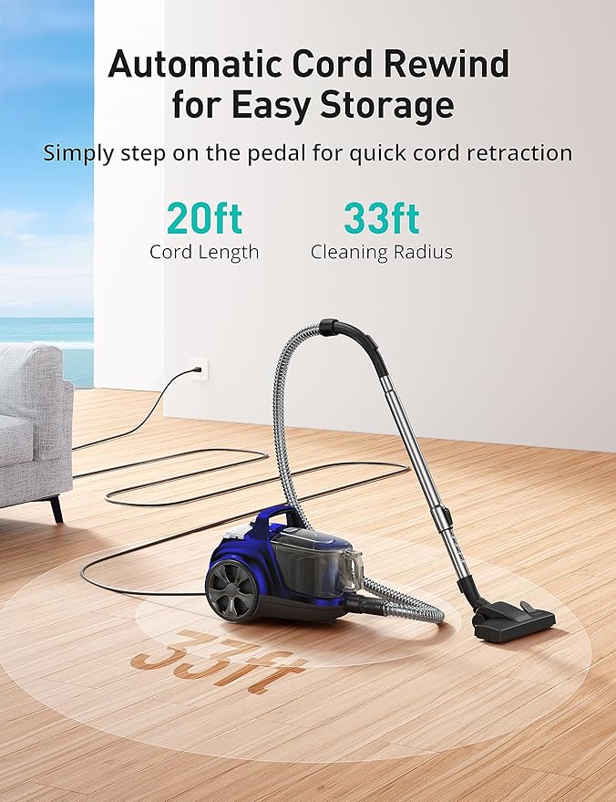 Aspiron Canister Vacuum Cleaner, 30Kpa Bagless Vacuum Cleaners, 3.7QT Large Dust Cup, Double HEPA Filter, Retractable Cord, 1600W Lightweight Vacuum Cleaner with 5 Tools for Hard Floors, Navy