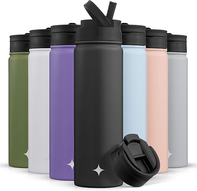 JoyJolt Triple Insulated Water Bottle with Straw Lid AND Flip Lid! 22oz Water Bottle, 12 Hour Hot/Cold Vacuum Insulated Stainless Steel Water Bottle. BPA-Free Leakproof Water Bottles - Thermos Bottle