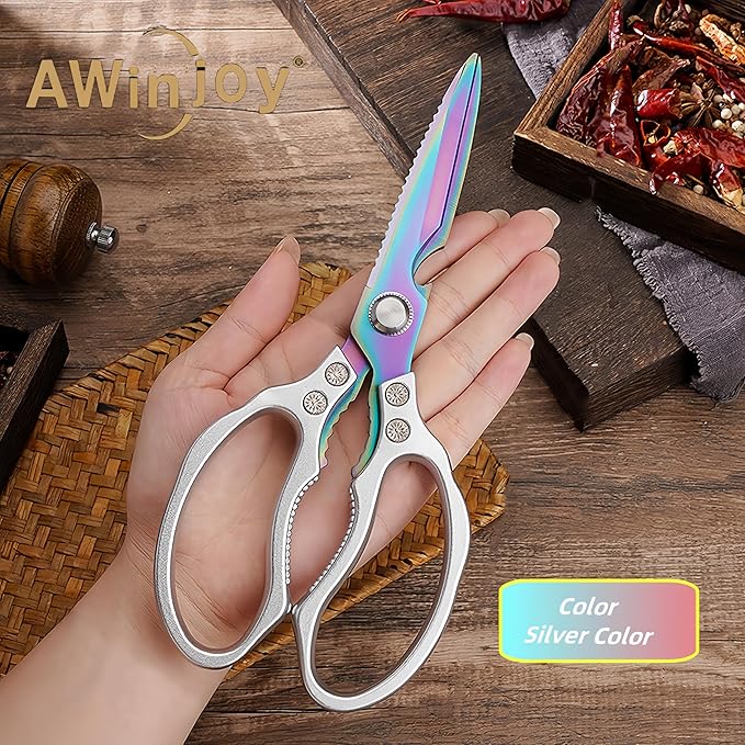 AWinjoy Heavy Duty Sharp Kitchen Scissors, Dishwasher Safe, Cooking Shears for Meat, Chicken, Fish, Poultry, Herb, Bread (Silver Color)