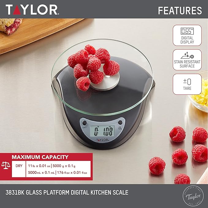 Taylor Digital Kitchen Scale with Glass Platform, Tare Button, and Plastic Body Weighs up to 11 Pounds Capacity, Black