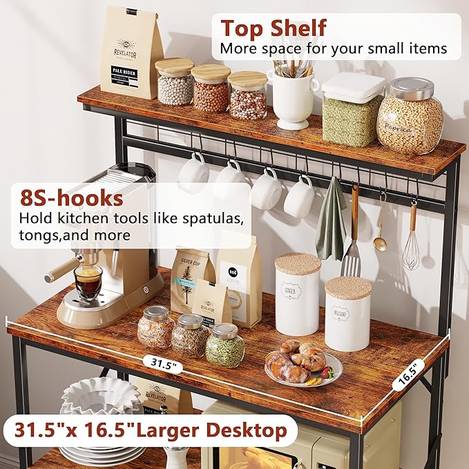 Furologee Kitchen Bakers Rack with Hutch,Coffee Stand with Storage 4 Tiers,Coffee Bar Station with a 31.5 Inch Larger Desktop and 8 S Hooks,Kitchen Microwave Rack for Spices,Pots,Rustic Brown