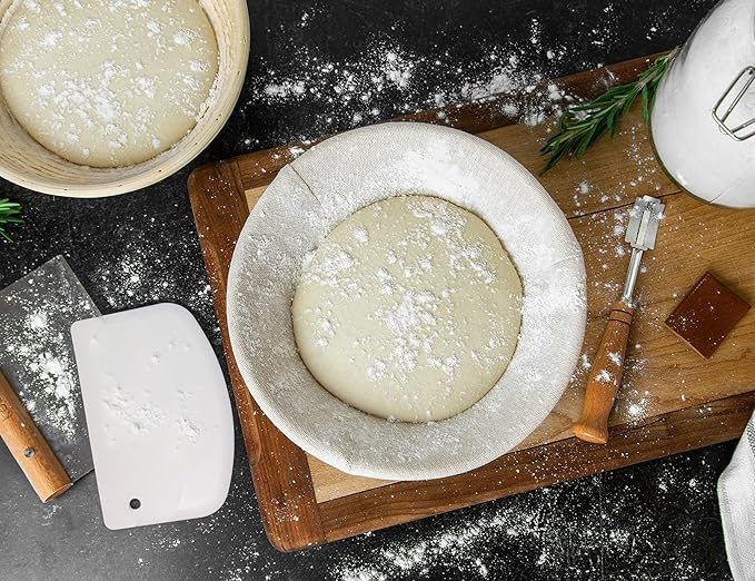 Kook Proofing Set, Sourdough Bread, 1 Rattan 9 Inch Banneton Basket, 1 Basket Cover, Metal Scraper, Plastic Scraper, Scoring Lame, 5 Blades and Case, Baking Kit, Dough Bowls, Round Shape