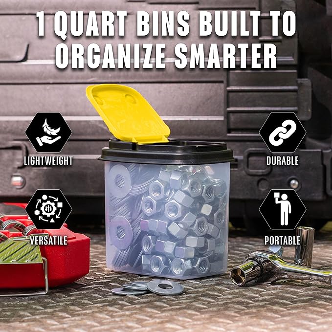 Buddeez Bits and Bolts Storage Containers - Storage Bins with Lids - Bulk Organizer for Workshop, Pantry, or Garage Supplies - 1 Quart 12 Pack