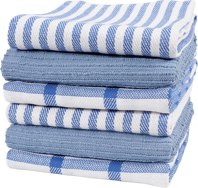 KAF Home Premium Kitchen Towels (18" x 28"), Large 100% Cotton, Flat & Terry Absorbent Dish Towel Set (Blue, 18 x 28-6 Pack)