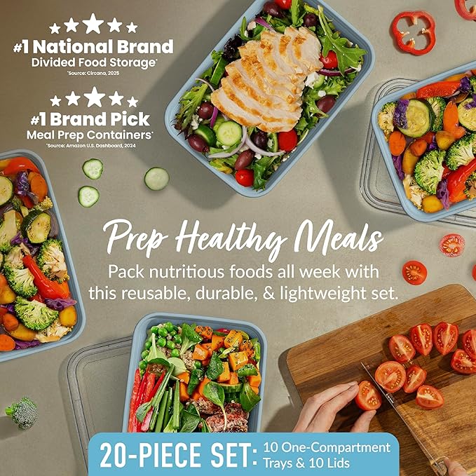 Bentgo Prep - 20-Piece 1-Compartment Reusable Meal Prep Containers with Lids, PFAS & BPA Free Materials, Durable, Microwave, Freezer, & Dishwasher Safe To Go Food Storage (Sky)