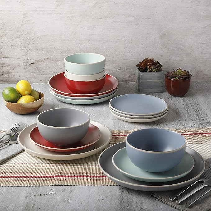 Gibson Home Rockaway 12-Piece Round Stoneware Dinnerware Set, Service for 4 – Blue Plates and Bowls, Microwave & Dishwasher Safe