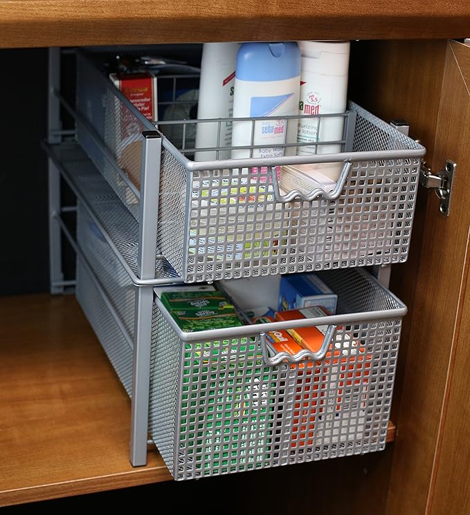 Deco Brothers Pull Out Cabinet Sliding Basket with Dividers Open Top, Medium, Silver