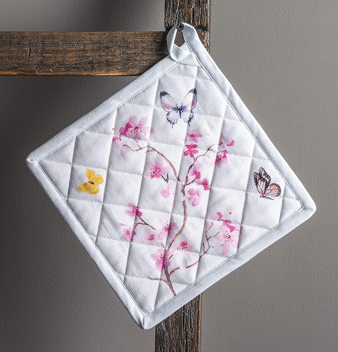 Maison d' Hermine Pot Holders 100% Cotton Heat Resistant Potholders 8" x 8" Hot Pads with Loop BBQ, Cooking, Baking, Grilling, Kitchen, Handling Hot Pans Spring/Summer (Pack of 1, Blossoms in Spring)