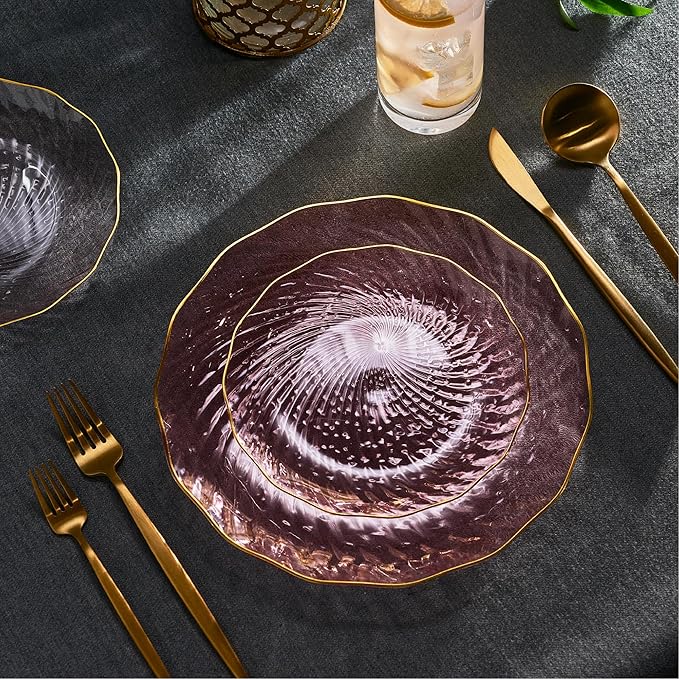 PLASTICPRO 120 Pack Plastic Plates Set of 60-10 inch Plates and 60-7 inch Plates, Elegant Clear Pink Spiral and Gold Rim Disposable Fancy Plates Premium Heavyweight
