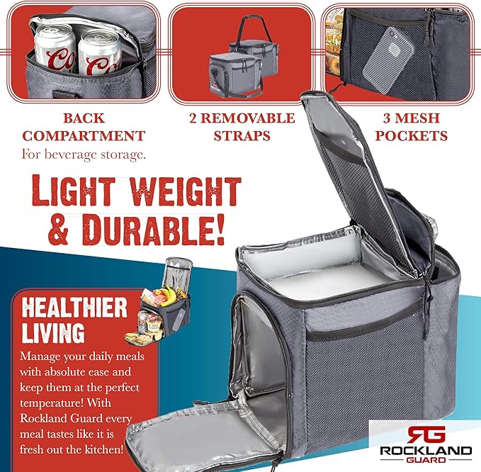 Rockland Guard Insulated Lunch Bag for Men - Lunch Box for Women with Compartments for Meal Prep Containers, Bottles, Snacks, Extra Storage Pockets - Lunchbox for Work, Travel, Picnic, Camping - Gray