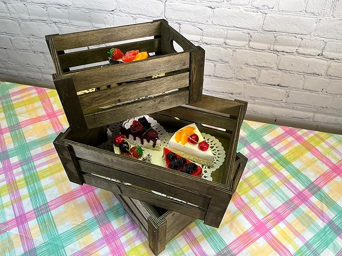 Admired By Nature Wooden Crates Storage Container, Stain Grey Set of 3, Farmhouse Style Decorative Baskets for Home Decor, Rustic Decor, Nesting Stackable Organizers, Distressed Wood Crates