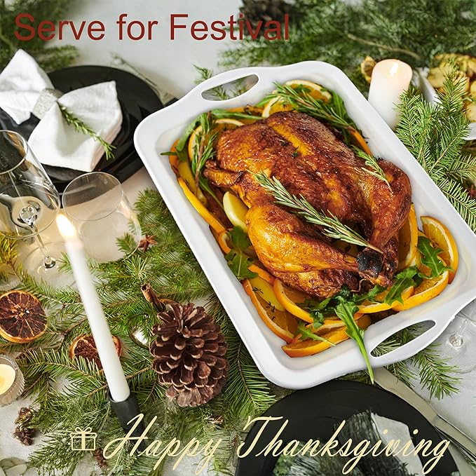Extra Large 20" x 13" Serving Platters for Turkey, Cookie, Cupcakes, Gift Ready Melamine Serving Tray with Handles for Party Entertaining, Raised Dots & Matt Finish, Set of 2, White