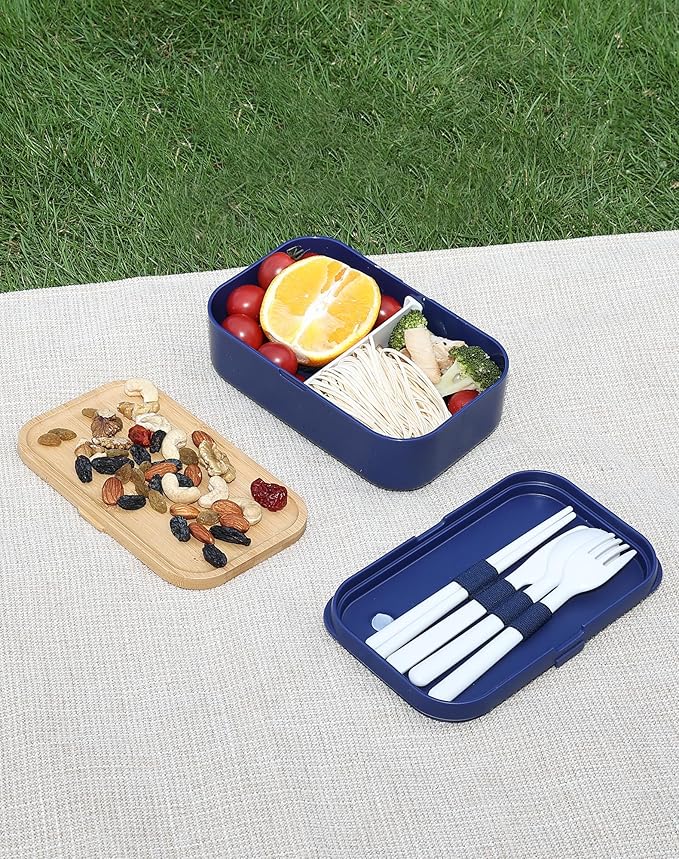 Bento Box for Adult Lunch Containers with Utensils for Men/Women Blue - Natural Bamboo Lid, Chopsticks, Microwave Safe, Dishwasher Safe, Bpa Free, Gifts for Women, Cute, Small