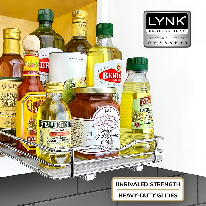 LYNK PROFESSIONAL® Pull Out Spice Rack Organizer for Inside Kitchen Cabinets - 8-3/8 inch Wide - Slide Out Drawer – Chrome Sliding Spice Cabinet Organization Shelf Racks - 1 Tier
