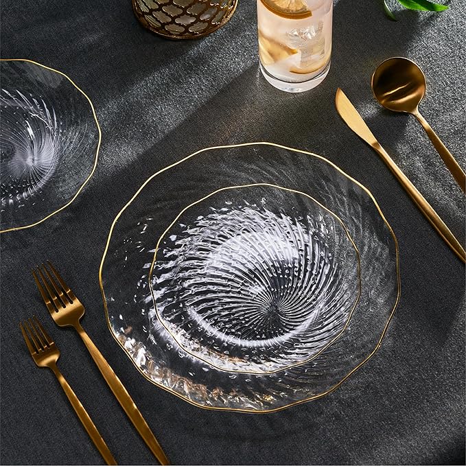 PLASTICPRO 60 Pack Plastic Plates Set of 30-10 inch Plates and 30-7 inch Plate, Elegant Clear Spiral and Gold Rim Disposable Fancy Premium Heavyweight