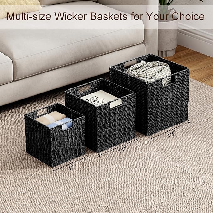 Vagusicc Wicker Storage Basket, Set of 2 Hand-Woven Wicker Basket, Foldable Cube Storage Bin, Black Storage Basket, Square Storage Baskets for Organizing Shelves & Decor, Black (11″×11″×11″)