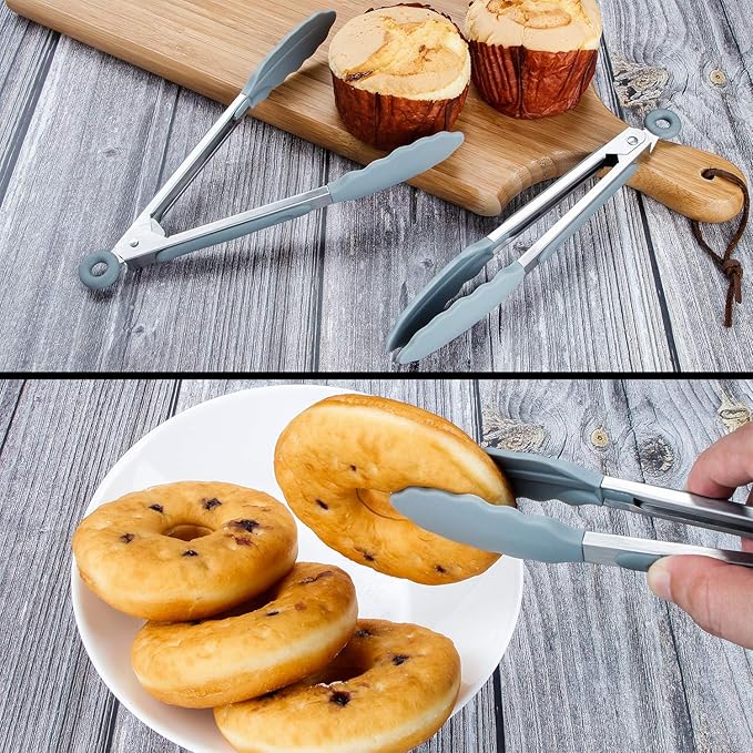 MSY BIGSUNNY Kitchen Food Tongs - 7" Mini Silicone Serving Tongs - Set of 3 (Gray)
