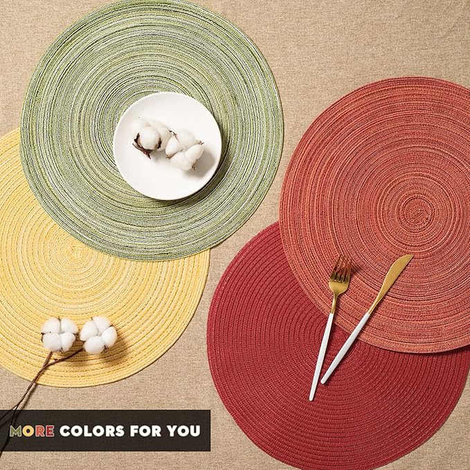 FunWheat Round Braided Placemats Set of 4 Place mats for Dining Tables Woven Heat Resistant Table Mats 15 inch (E Light Green, 4pcs)