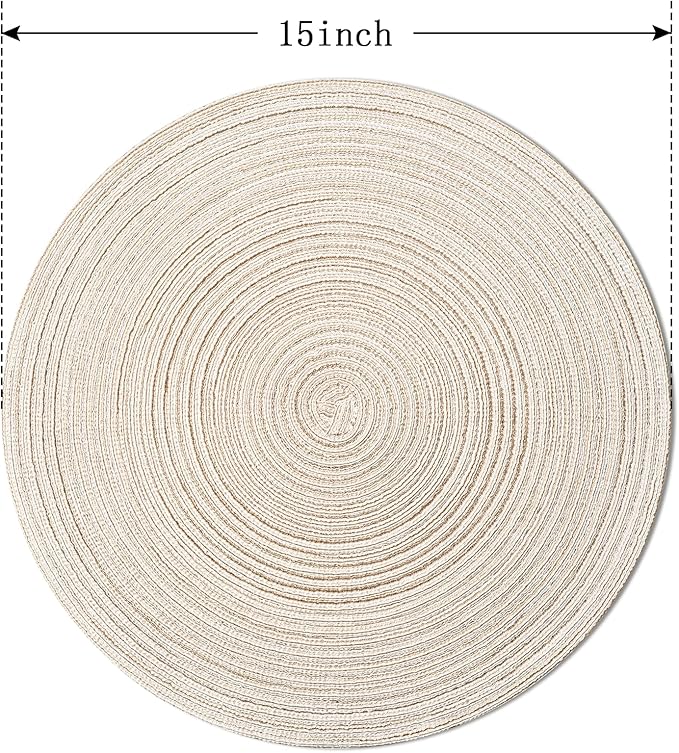 FunWheat Round Braided Placemats Set of 6 Easy Clean Place mats for Dining Tables Woven Heat Resistant Washable Table Mats 15 inches(Beige)