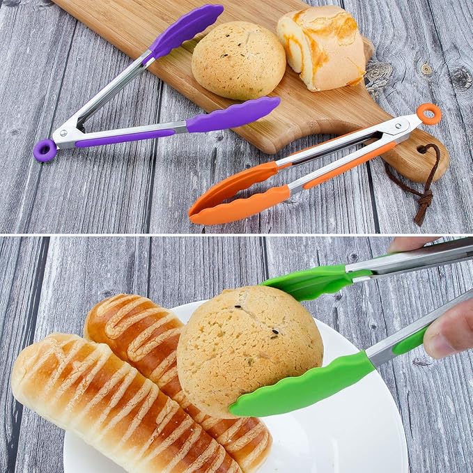 MSY BIGSUNNY Kitchen Food Tongs - 7" Mini Silicone Serving Tongs - Set of 6 (purple red orange green yellow blue)