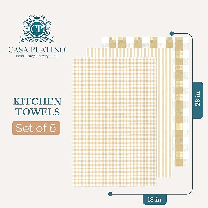 Casa Platino Dish Towels for Kitchen 18" x 28", Dish Towels Set of 6 – Great for Daily Dish Drying, Cooking Prep, and Serving Use, Reliable Kitchen Companions for Spills and Baking Needs- Beige