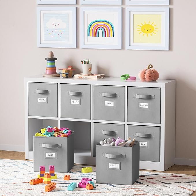 Fabric Storage Cubes for Cube Storage Organizer - 8 Pack Heavy Duty Storage Bins With Labels - 11 Inch Cube Storage Bin (Light Grey)