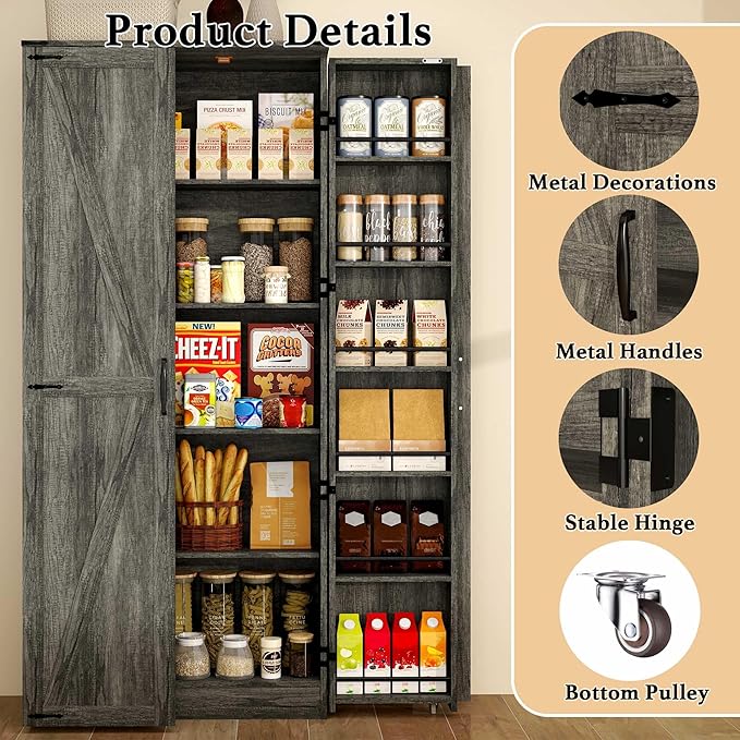 Tall Kitchen Pantry Cabinet: Food Pantry Cabinets for Kitchen Storage, Grey Wood Storage Cabinet with 2 Doors, Farmhouse Cabinets with Freestanding Cupboard (Grey)