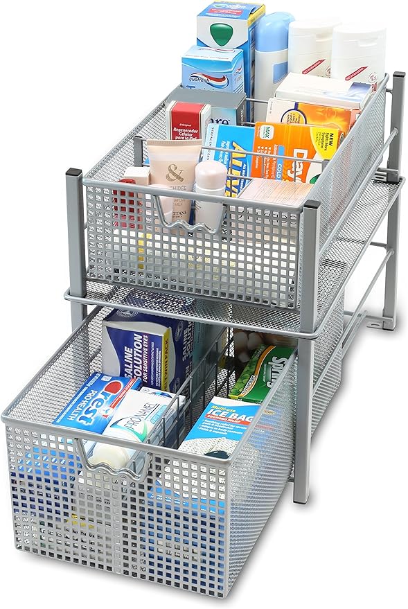 Deco Brothers Stackable Pull Out Cabinet Sliding Basket with Dividers, Large, Silver