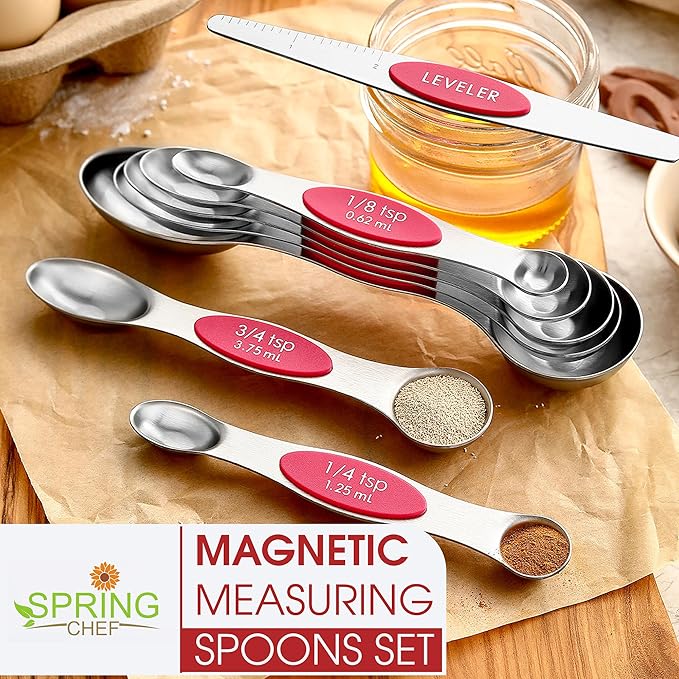Spring Chef Pink Stainless Steel Magnetic Measuring Spoons Set of 8 with Leveler, Dual Sided Teaspoon & Tablespoon Measuring Set for Dry and Liquid Ingredients, Kitchen Gadgets for Baking & Cooking