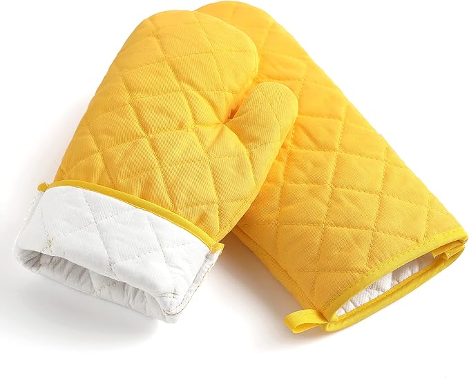 Oven Mitts and Pot Holders 4 pcs Set,High Heat Resistant 500 Degree Extra Thicken Long Kitchen Cotton Oven Glove for Cooking (12 Inch,Yellow)