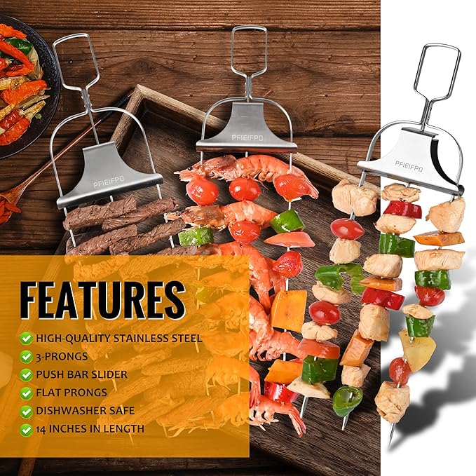 Grilling Savant 3 Way Skewers,14 Inch Metal Skewers for Grilling,Easy to Use Push Bar Slider, BBQ Accessory, Perfect for Meat,Veggies,Fruits,Marshmallow Roasting Sticks Grill Kabob Skewer.