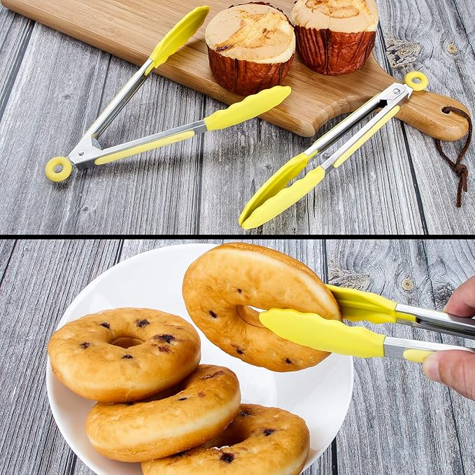 MSY BIGSUNNY Kitchen Food Tongs with Silicone Tips,7 Inch Serving Tongs for Grilling,Locking,BBQ Set of 3 (Yellow)
