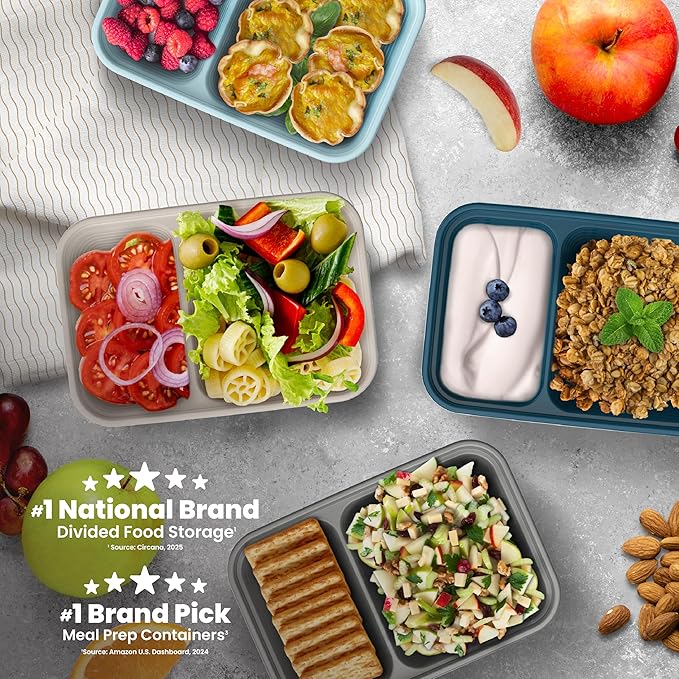 Bentgo Prep - 2-Compartment Snack Containers with Lids - Reusable, Microwaveable, Durable, PFAS & BPA-Free, Freezer and Dishwasher-Safe Meal Prep Food Storage - 10 Trays & 10 Lids (Deep Teal)