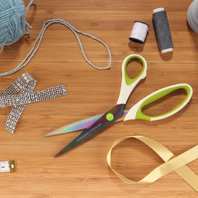BambooMN Titanium Softgrip Scissors Set for Sewing, Arts, Crafts, Office - 3 Sets of 3 - White w/Green Inlays