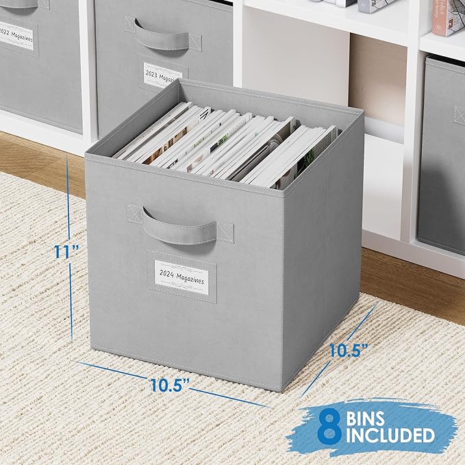 Fabric Storage Cubes for Cube Storage Organizer - 8 Pack Heavy Duty Storage Bins With Labels - 11 Inch Cube Storage Bin (Light Grey)