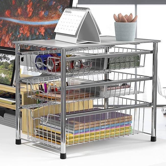 Simple Houseware Stackable 3 Tier Sliding Basket Organizer Drawer, Chrome