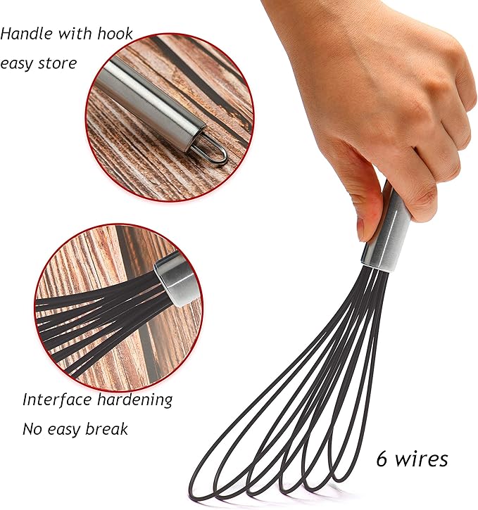Flat Whisks Stainless Steel,3 Pack 10''+11''+12'' Set Premium Sturdy-6 Silicone Heads Non Stick Wires Whisk for Blending Beating Stirring Kitchen Cooking Color Grey by Jell-Cell