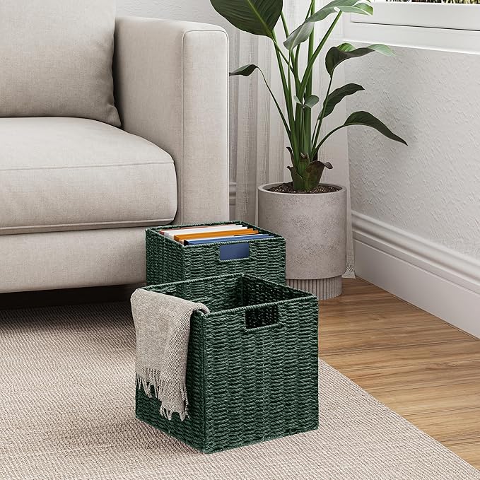 Vagusicc Wicker Storage Basket, Set of 2 Hand-Woven Paper Rope Wicker Basket, Foldable Cube Storage Bins, 9 inch Square Storage Baskets for Organizing Shelves & Decor, Green (9″×9″×9″)