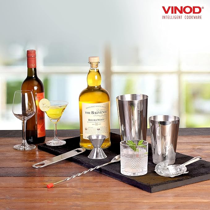 Vinod Stainless Steel Cocktail Set | 17 Piece Bar Accessories Set | 26 Ounce Boston Shaker w/Strainer Rubber Pourers Bar Jigger, Cocktail Spoon & More | Drink Mixer Bar Set | Bartender Kit