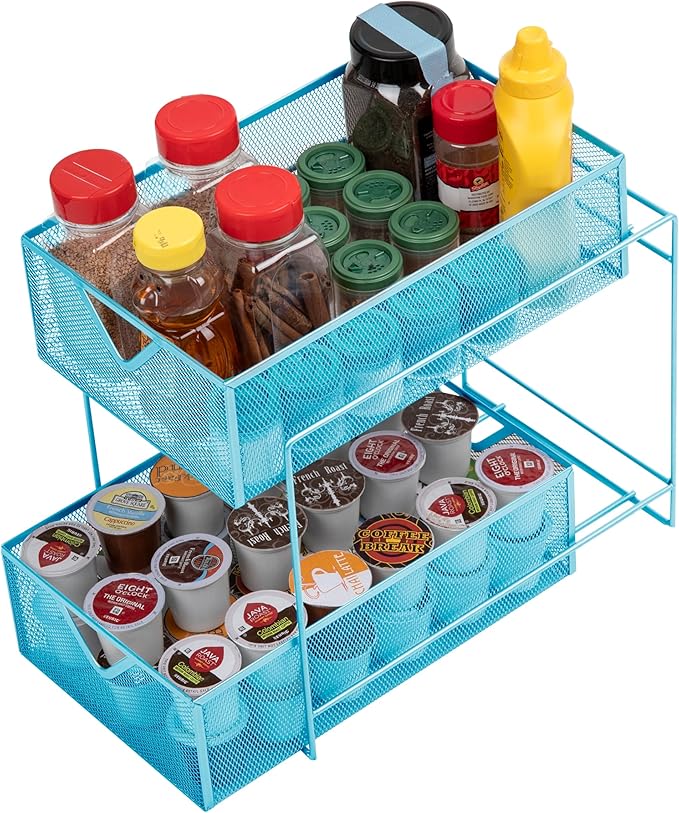Mind Reader Accessory Organizer, Supply Storage, Makeup, Crafts, Office, Kitchen, Metal Mesh, 8.25"L x 12.5"W x 12.5"H, Blue