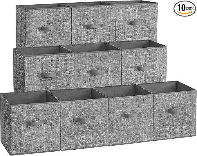 SONGMICS Storage Cubes, 10.2 x 10.2 x 11 Inches Non-Woven Fabric Bins with Double Handles, Set of 10, Closet Organizers for Shelves, Foldable, for Clothes, Cattail Gray UROB126G01