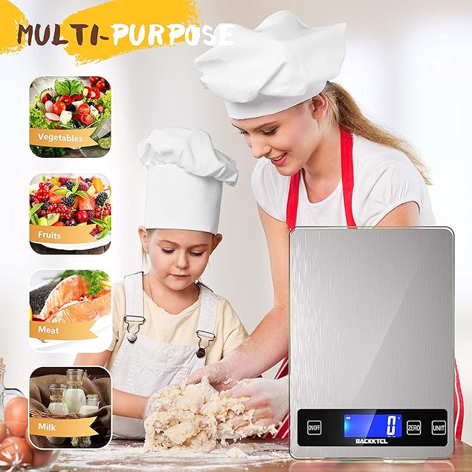 BACK KTCL''Cooking Master' 22lb Digital Kitchen Scale,Food Scale Measures in Grams and Ounces for Weight Cooking Baking,1g/0.1oz Precise Graduation,Stainless Steel and Tempered Glass