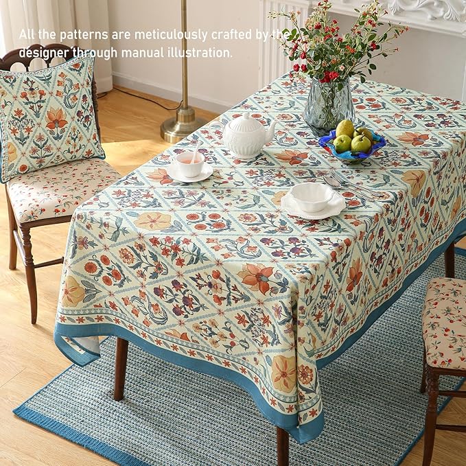 ISAENNE Designer Linen Elegant Extra Long Rectangle Tablecloth,Colorful Floral Bohemian Table Cloth,Wrinkle Resistant Decor Tablecloths for Dining Thanksgiving Kitchen,67"*118"-Floralsea A